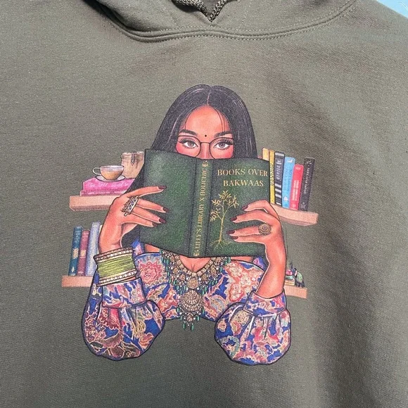 Books over bakwaas green hoodie size Medium - Picture 2 of 10